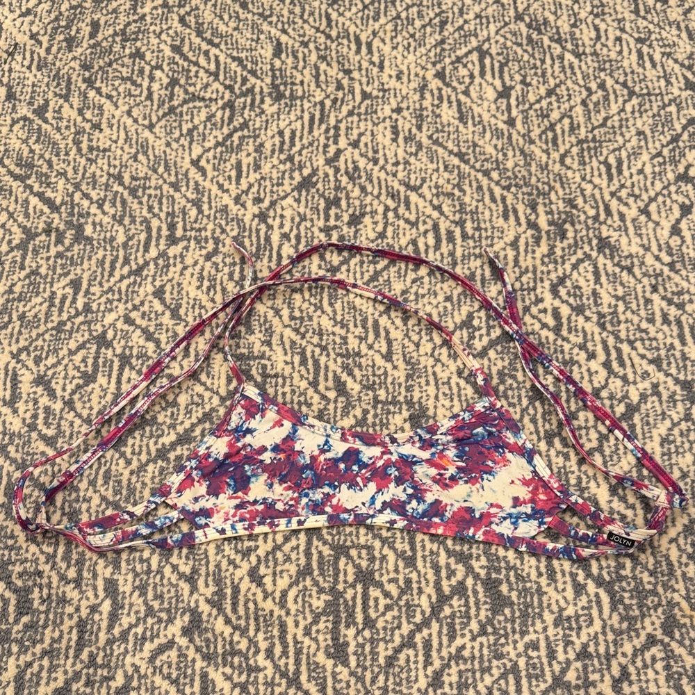 Jolyn Harrison Purple, White, and Blue Strappy Bikini Top.